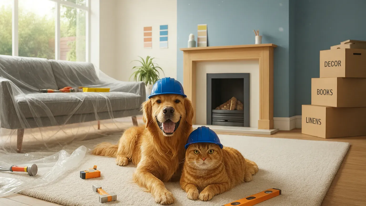 Golden retriever and cat wearing construction helmets during home upgrades — pets in renovations in a Calgary living room