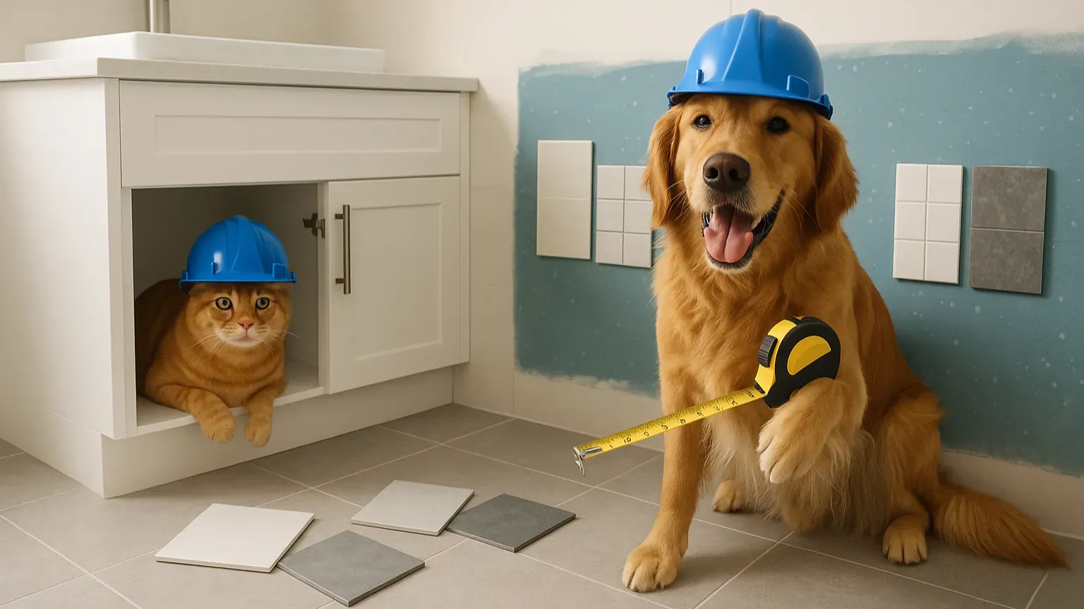 Adorable pets in renovations scene with tools, boxes, and renovation materials — Calgary home renovation pet-friendly environment.