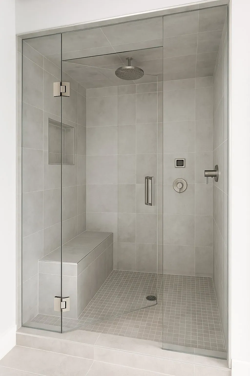 Modern steam shower with frameless glass and marble tile in a luxury Calgary bathroom renovation