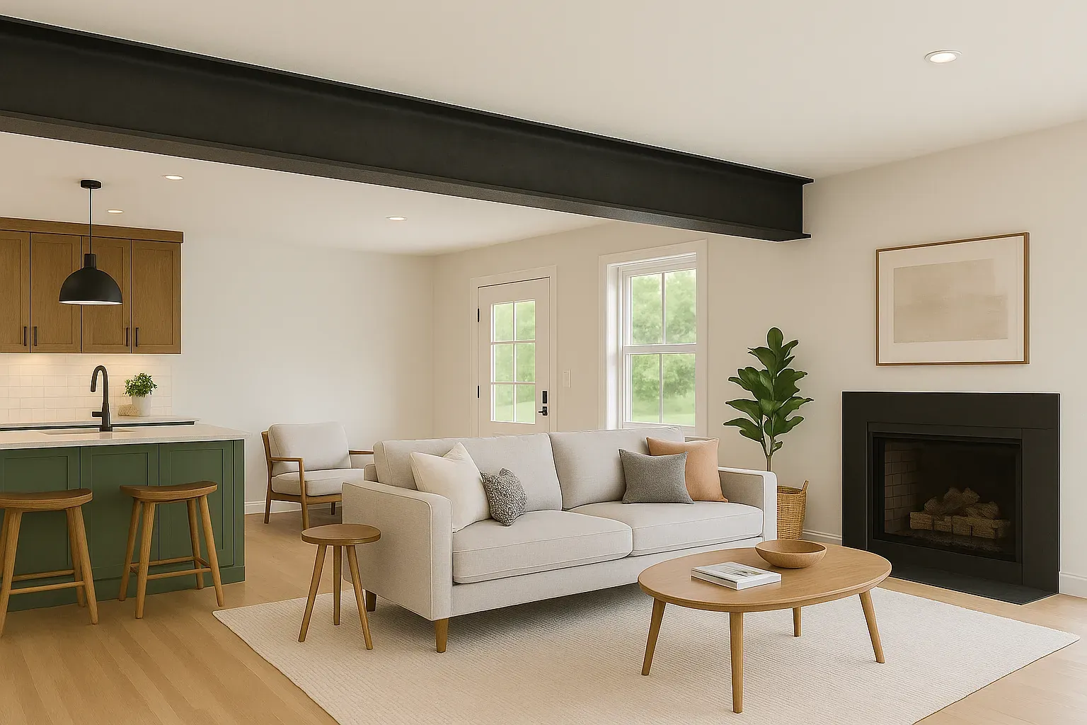 Open-concept living room featuring a 22-foot steel beam installed during a Calgary home renovation, showcasing modern warm design