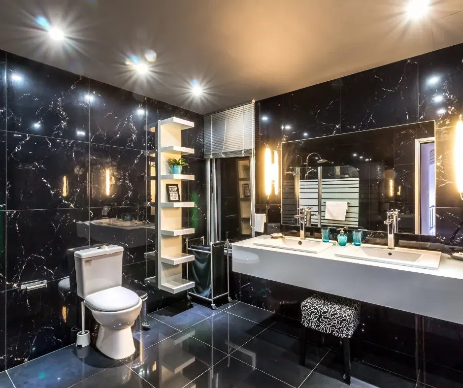 Custom bathroom with statement tile and matte black fixtures in Calgary