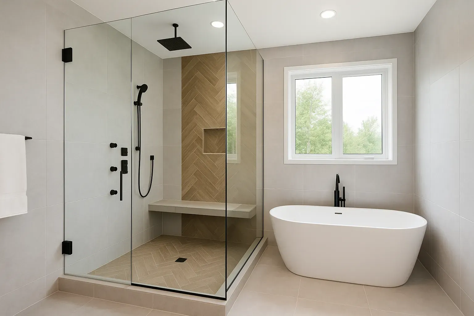 Spacious modern living room with hardwood floors, large windows, and stylish neutral decor.