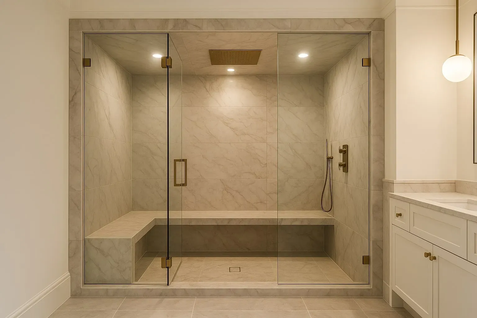 Luxurious steam shower featuring rainfall showerhead, marble bench, and brass fixtures in a Calgary home