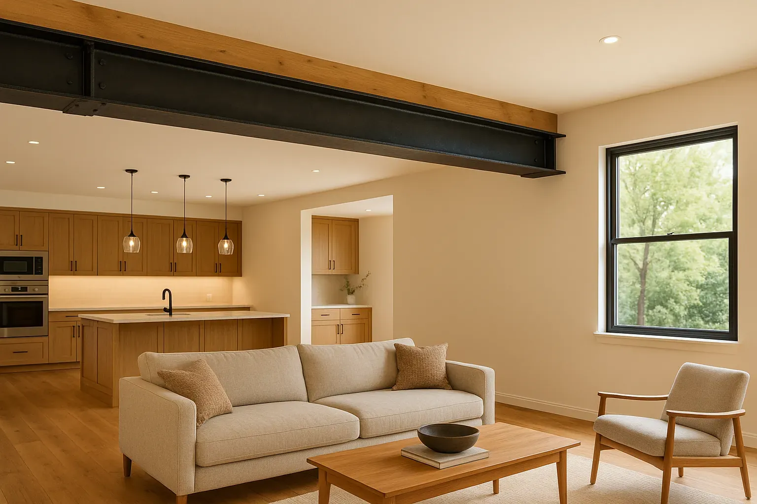 Structural steel beam exposed in a modern Calgary home renovation, highlighting open-concept layout and contemporary finishes.