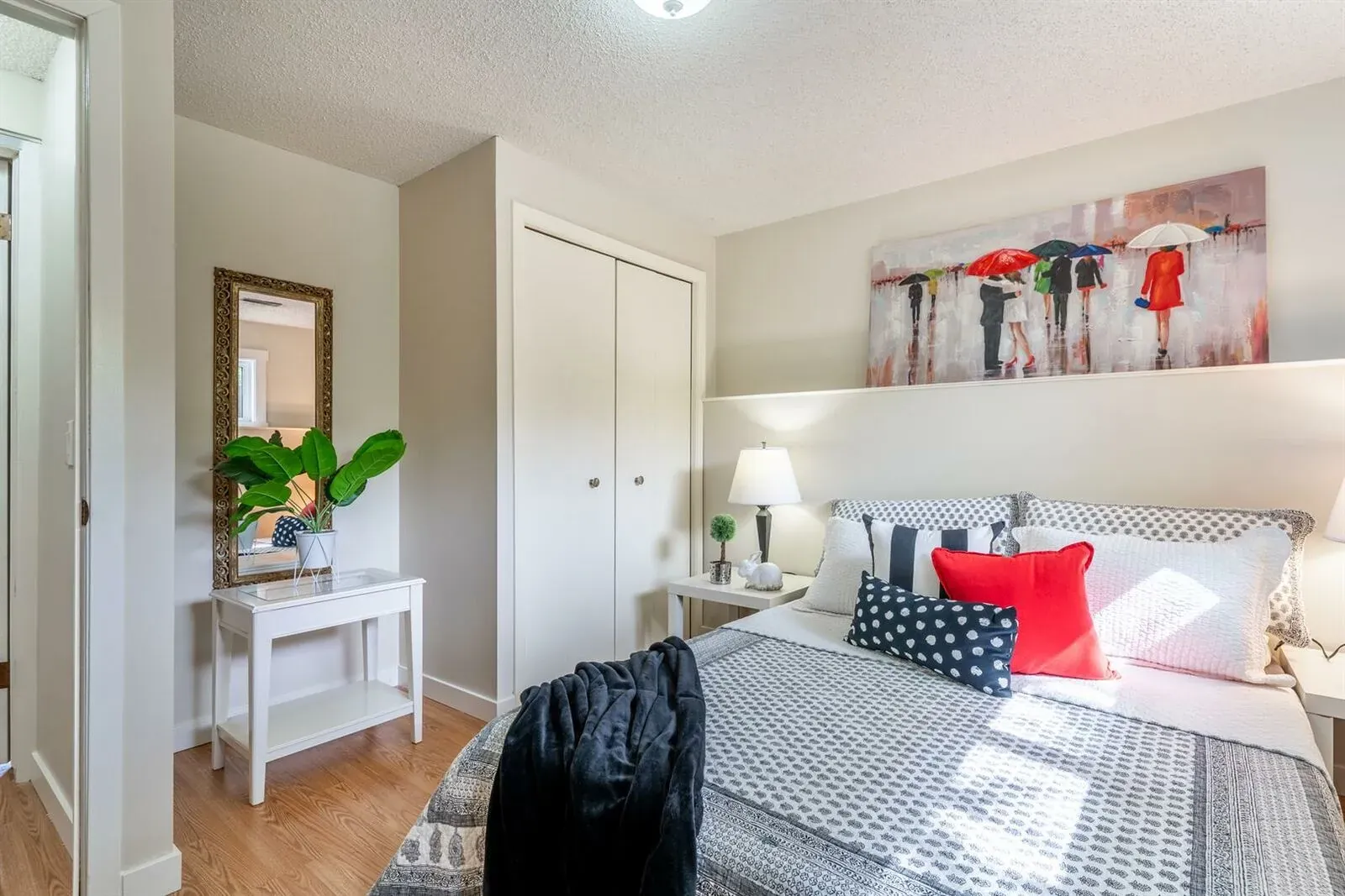 Cozy and comfy warm coloured bedroom in a home renovation in Calgary