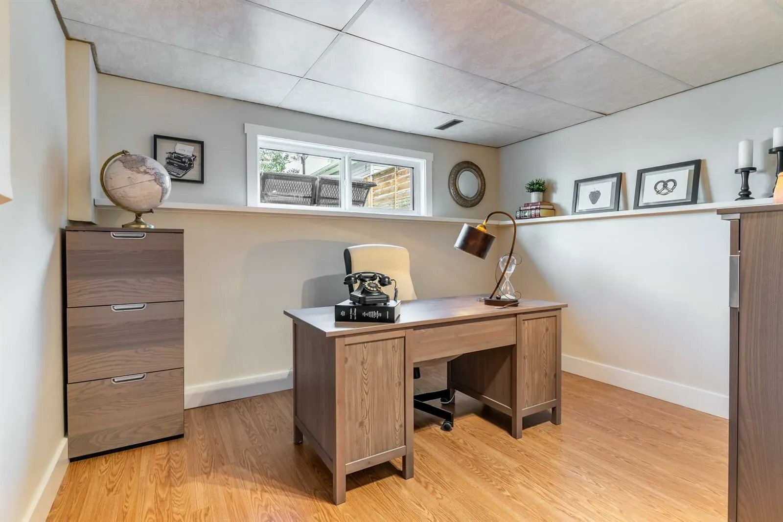 Modern, simplistic basement office in a home basement renovation